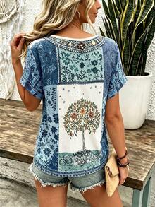 SHEIN LUNE 波希米亞風粉色與棕色花卉仿刺繡V領T恤，夏季度假休閒短袖上衣 - 彩色 - 查看 2