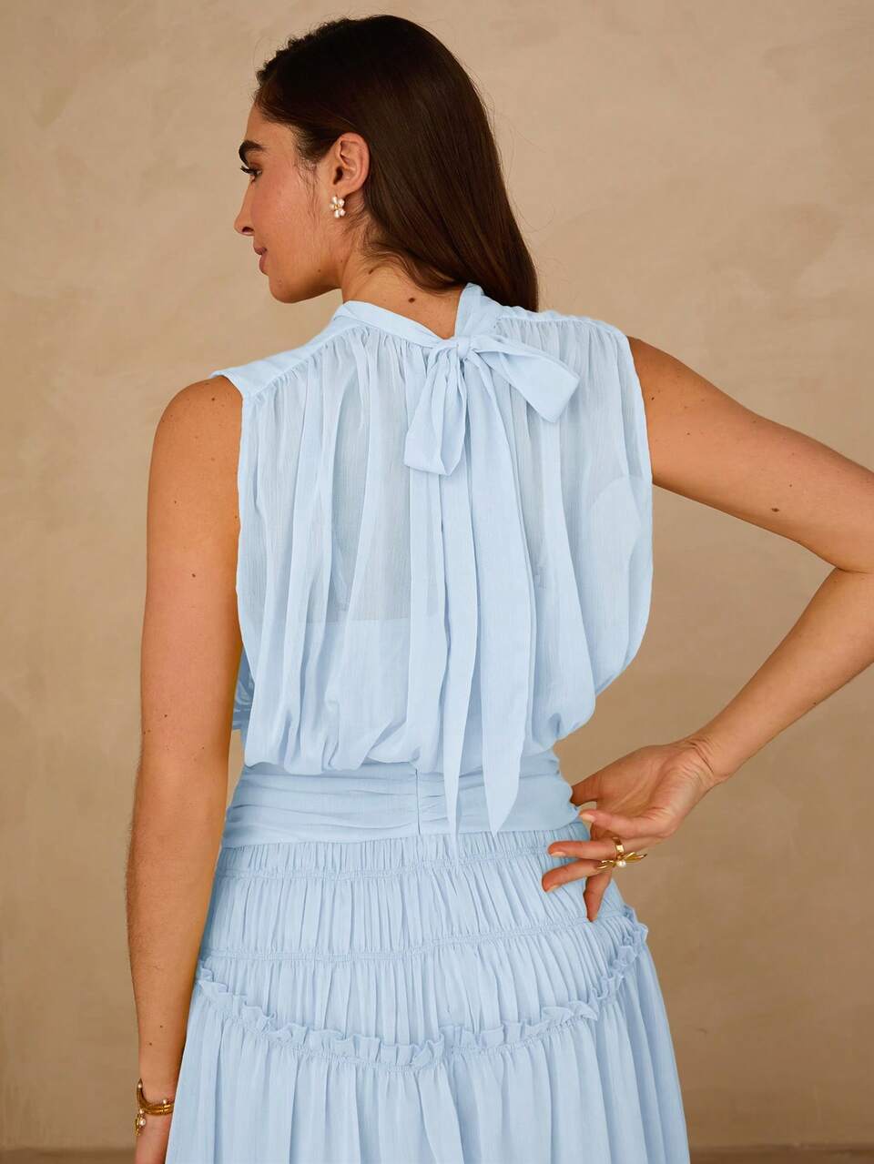 Enchnt Solid Color Stand Collar Sleeveless Backless Pleated Chiffon Dress Party Garden Party Bachelorette Light Blue Summer Elegant Romantic Wedding