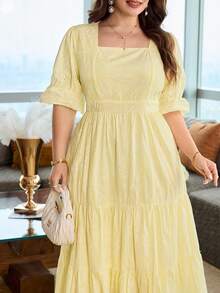Modelyn Vestido de mujer primavera/verano bordado con textura amarillo pálido cuello cuadrado manga corta talla grande - Amarillo - Ver 5