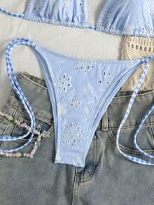 Swim Vcay Women's Light Blue Floral Special Fabric Halter Neck Spaghetti Strap Top And Side Tie Triangle Bikini Bottom Swimwear Set Beach Vacation Summer Cute - Blue - View 7