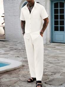 Genlund Nuevo conjunto de dos piezas para hombre primavera verano 2026, color blanco roto con estampado de cuadrícula, transpirable, holgado, con cuello y manga corta - Blanco - Ver 5