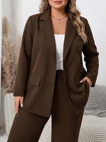 SHEIN CURVE+ Plus Size Casual Versatile Commute Solid Color Blazer - Brown - View 6