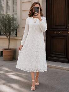 Miaspire Middle-Aged Women's Contrast Lace Round Neck Long Sleeve Elegant Dress - White - View 5