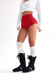 SHEIN Solid Color High Waist Seamless Mini Sports Shorts - Burgundy - View 4