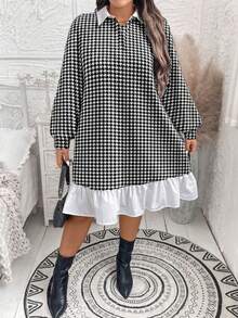Comfylo Plus Size Women's Houndstooth Contrast Color Collar Long Sleeve Casual Dress,Black And White Autumn Elegant Office Party Everyday Resort Club Wear - Multicolor - View 8