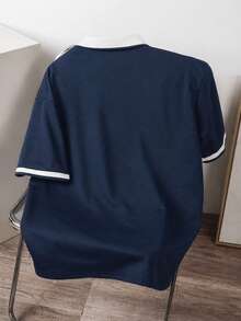 Manfinity Joysei 条纹蓝白灰撞色扁平蕾丝拉链休闲 Polo 短袖衬衫 - 彩色 - 查看 3
