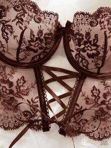 SHEIN Sexy Sheer Embroidered 2-Piece Set - Brown - View 3
