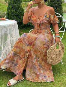 Dazy Plus Floral Print Spaghetti Strap Dress, Elegant French Style, Flutter Sleeves, Plus Size Women's Long Dress For Spring Summer Vacation - Multicolor - View 1