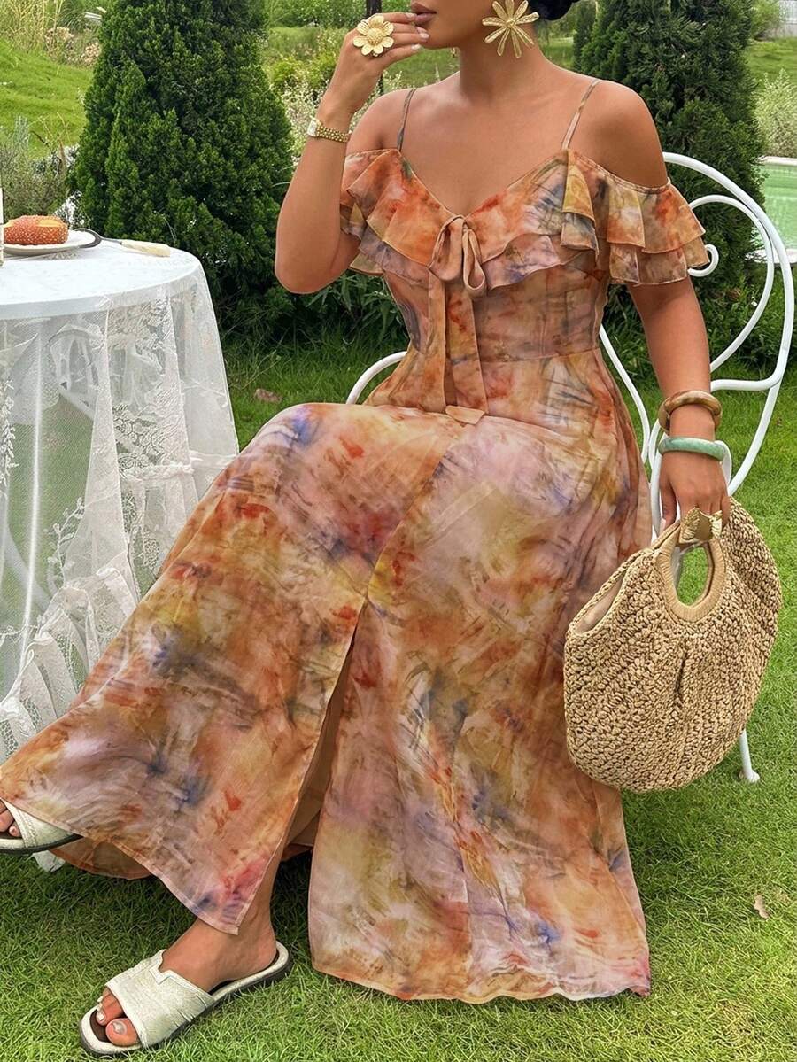 Dazy Plus Floral Print Spaghetti Strap Dress, Elegant French Style, Flutter Sleeves, Plus Size Women's Long Dress For Spring Summer Vacation - Multicolor - View 1