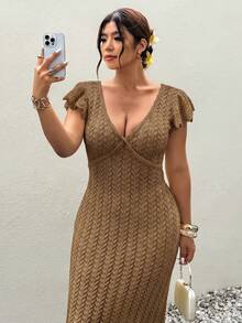 Firerie 大尺碼女款優雅浪漫度假風淺黃色針織長袖飄逸袖洋裝，適合春夏旅行 - 卡其色 - 查看 9