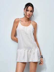 Softvol Women's Solid Color Backless Loose Strap Dress, Casual Countryside Style, Sweet For Spring/Summer - White - View 1