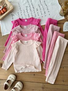 SHEIN Vintaside Kids 女嬰 0-3 歲 8 件組 春秋可愛休閒簡約外出套裝 4 件上衣與 4 件長褲 - 彩色 - 查看 3