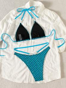 Swim SXY 2 件女式夏季海滩鳞片状铝箔纹理上衣，带吊带领和珍珠装饰比基尼泳装 - 藍色 - 查看 3
