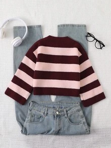 SHEIN 女童秋冬休閒拼色條紋短版毛衣 - 彩色 - 查看 2