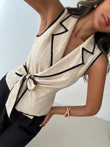Firerie Blazer delgado envolvente con cintura de lazo para mujer, color albaricoque con ribete de contraste, minimalista y elegante, chaleco sin mangas con cuello en V, chaqueta con lazo que ciñe la cintura, chaqueta con borde de contraste, top para mujer de oficina, adecuado para verano, otoño, ceremonia de graduación, Día del Maestro, temporada de regreso a clases, primavera/verano, vacaciones, elegante casual de negocios - Albaricoque - Ver 4