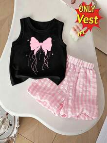 Girls' Creative Fresh Pink Bow Pattern Print Casual Basic Tank Top - Black - View 3