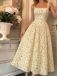 SHEIN MOD 女款夏季優雅碎花無袖中長洋裝 - 杏色 - 查看 2