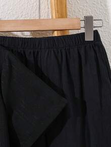SHEIN 2件組兒童青少年男童休閒日常舒適立領鈕扣式寬鬆短袖襯衫直筒寬鬆長褲梭織兩件套，休閒學院風，舒適時尚，簡約實用，百搭柔軟面料，適合日常穿著、上學、旅行、戶外運動，適用於春、夏、秋、冬四季 - 黑色 - 查看 7