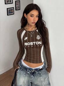 Coolane 休閒極簡英文印花女款落肩袖T恤，適合春夏秋季 - 彩色 - 查看 5