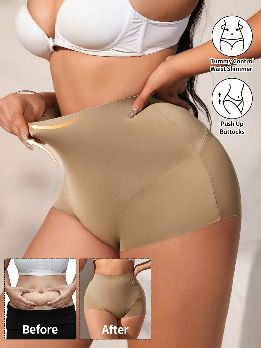 SHEIN 女款無縫大尺碼高腰提臀收腹塑形內褲，1件裝 - 棕色 - 查看 1