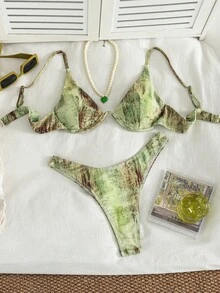 SHEIN Swim 度假海灘紮染印花比基尼套裝 - 綠色 - 查看 1