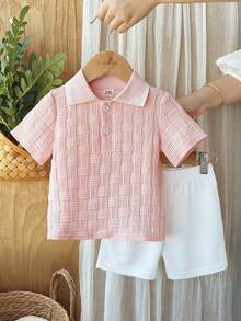 SHEIN Vintaside Kids 男嬰夏季領口短袖簡約休閒套裝，搭配百搭時尚白色短褲，適合日常休閒、公園散步或旅行度假 - 粉色 - 查看 4