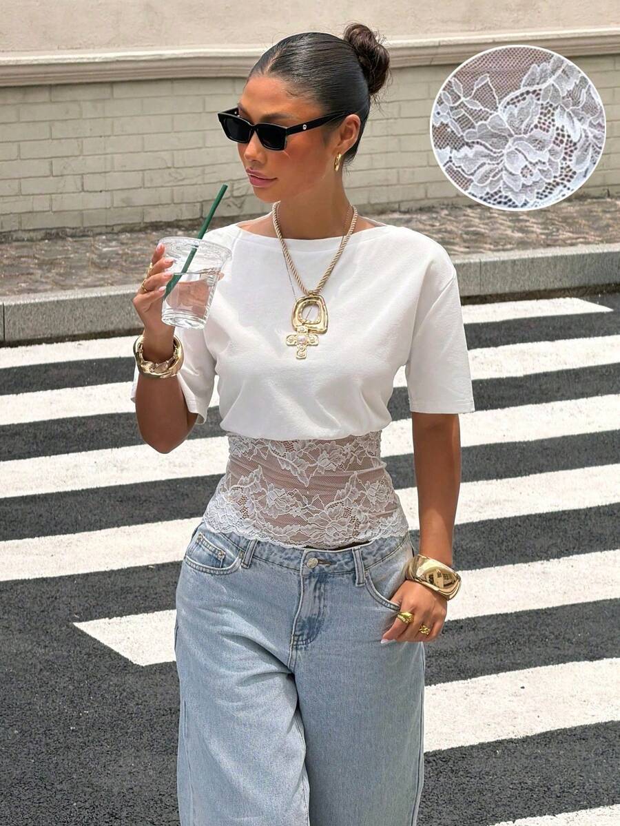 Muchica White Knit Women's Contrast Lace Short Sleeve T-Shirt - White - View 1
