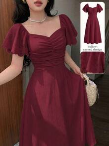 Modelyn Women's Spring/Summer Yellow Woven Short Sleeve Cinched Waist A-Line Burnout Pleated Elegant Romantic Mid-Length Dress - Burgundy - View 1