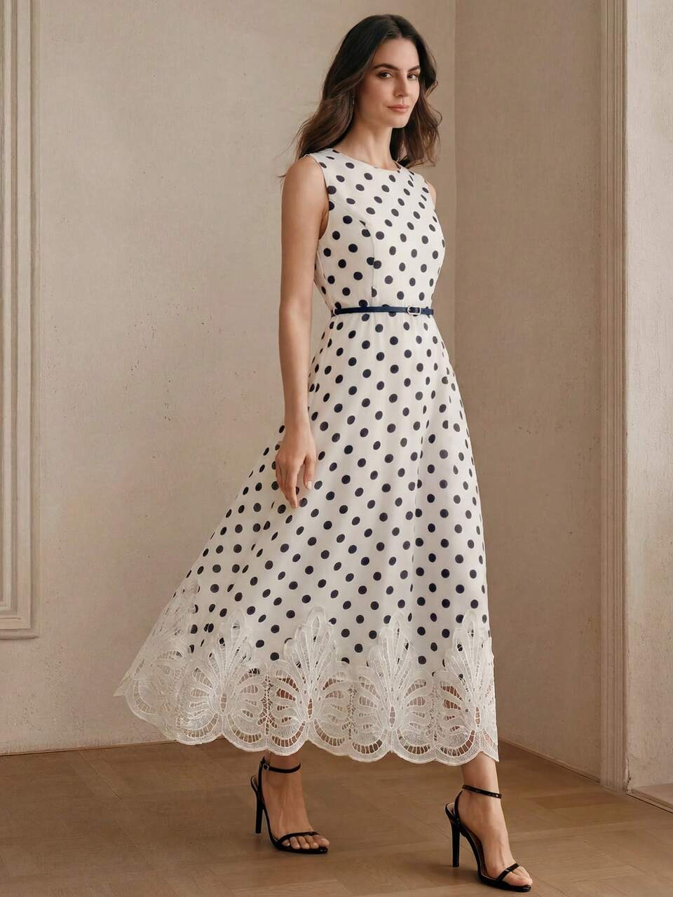 Anewsta Women's Fashion Long Dress High-Quality Apparel, Vintage Elegant Polka Dot Tie Waist Lace Trim Commute & Date Midi From Spring To Summer