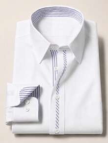 Manfinity Mode Camisa de manga larga con diseño de rayas y patchwork de colores claros, estilo casual de negocios para hombres, para ceremonias - Blanco - Ver 3