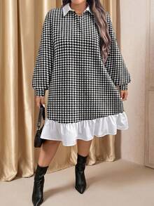 Comfylo Plus Size Women's Houndstooth Contrast Color Collar Long Sleeve Casual Dress,Black And White Autumn Elegant Office Party Everyday Resort Club Wear - Multicolor - View 1