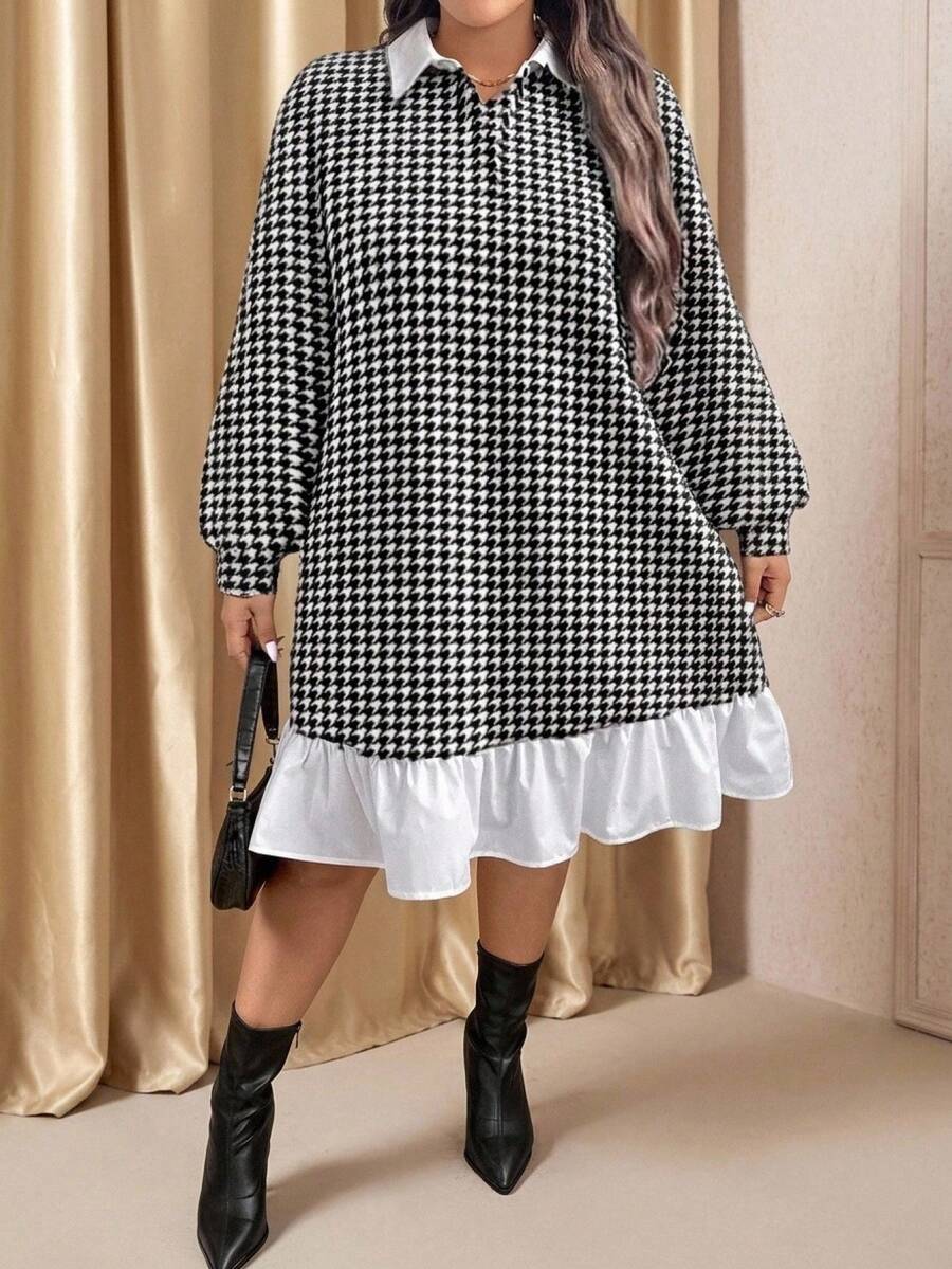 Comfylo Plus Size Women's Houndstooth Contrast Color Collar Long Sleeve Casual Dress,Black And White Autumn Elegant Office Party Everyday Resort Club Wear - Multicolor - View 1