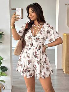 Vionelle Plus Size Floral Print Spring Summer Casual Versatile Romper - White - View 3