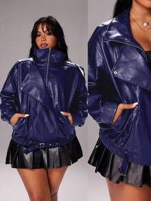 Rustia Plus Size Premium Street Style Cool Autumn New Loose Fit Versatile Fashion Motorcycle Leather Jacket Winter - Navy Blue - View 1