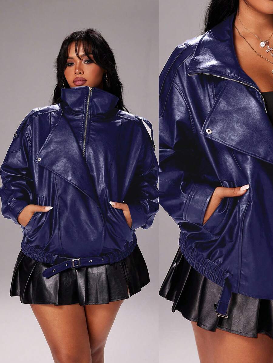 Rustia Plus Size Premium Street Style Cool Autumn New Loose Fit Versatile Fashion Motorcycle Leather Jacket Winter - Navy Blue - View 1