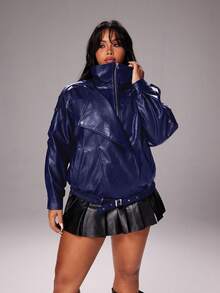 Rustia Plus Size Premium Street Style Cool Autumn New Loose Fit Versatile Fashion Motorcycle Leather Jacket Winter - Navy Blue - View 4