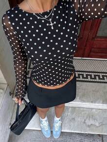MainGRL 女式秋季新款圆点网眼露背喇叭袖长袖T恤 - 黑與白 - 查看 5
