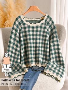 CosyJoli Plus Size Women's Round Neck Plaid Pattern Fashion Casual 1960s 90s 70's Sweater Autumn Dates Teacher Party Green Cardigan Winter - Multicolor - View 2