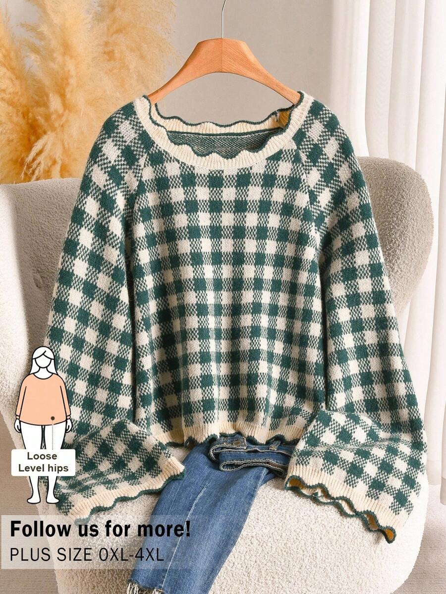 CosyJoli Plus Size Women's Round Neck Plaid Pattern Fashion Casual 1960s 90s 70's Sweater Autumn Dates Teacher Party Green Cardigan Winter