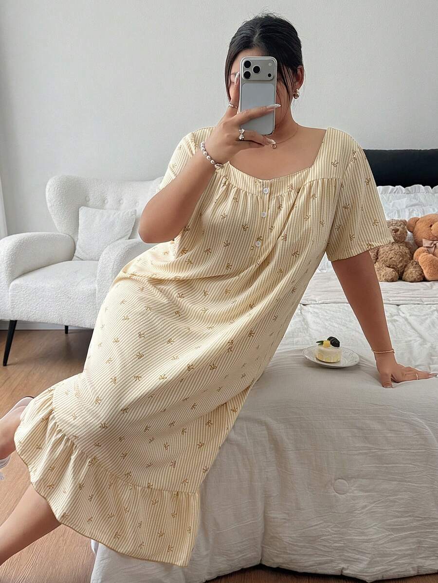 Napfluff CURVE Napfluff CURVE Pink Striped Bow Print Ruffle Hem Plus Size Mid-Length Loose Short Sleeve Nightgown - Yellow - View 1