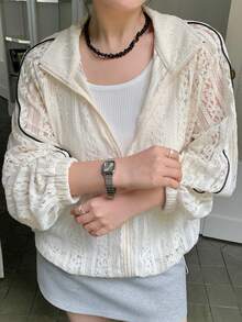 Dazy Plus Plus Size Women Lace Lantern Sleeve Open Front Loose Jacket, See-Through Lantern Sleeve Long Sleeve Casual Top, Spring/Summer/Autumn - Apricot - View 10