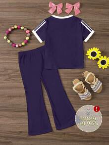 Girls Cute Fresh Minimalist Lace Bow Contrast Color Striped Pattern Basic Short T-Shirt And Flared Pants Set, Comfortable Everyday Outfit - Multicolor - View 2