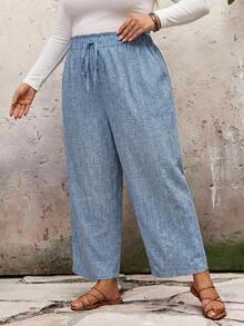 SHEIN CURVE+ Plus Size Women's High Waist Loose Flared Leg Solid Color Ruffle Summer Pants, ,Hoho Vacation - Blue - View 4