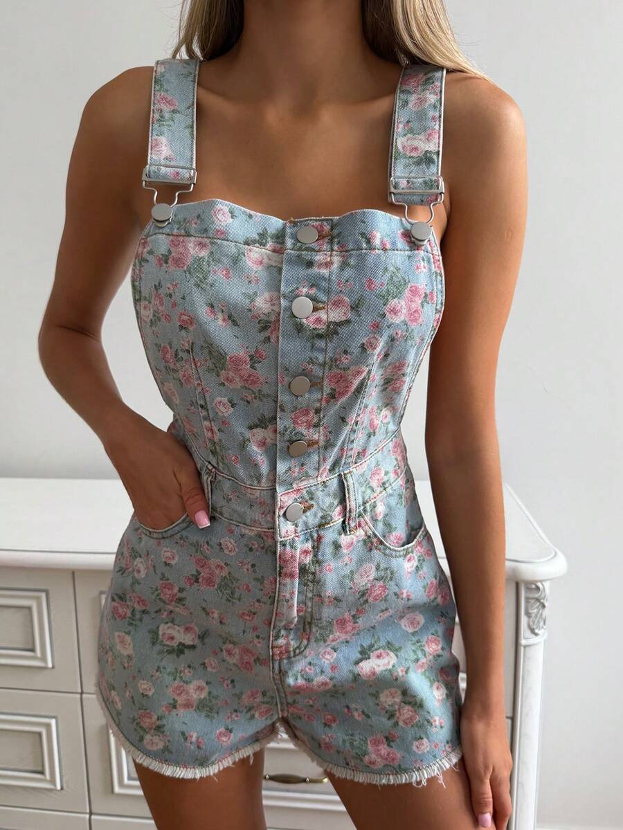 DAZY Summer Floral All-Over Print Blue Casual Street Outdoor Women's Denim Overalls - Light Wash - View 1