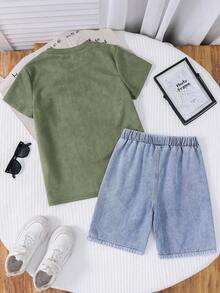 SHEIN 2pcs Tween Boys Casual Versatile Comfortable Round Neck Loose Short Sleeve Knit T-Shirt And Denim Shorts Set, Suitable For Back To School Clothes - Army Green - View 2