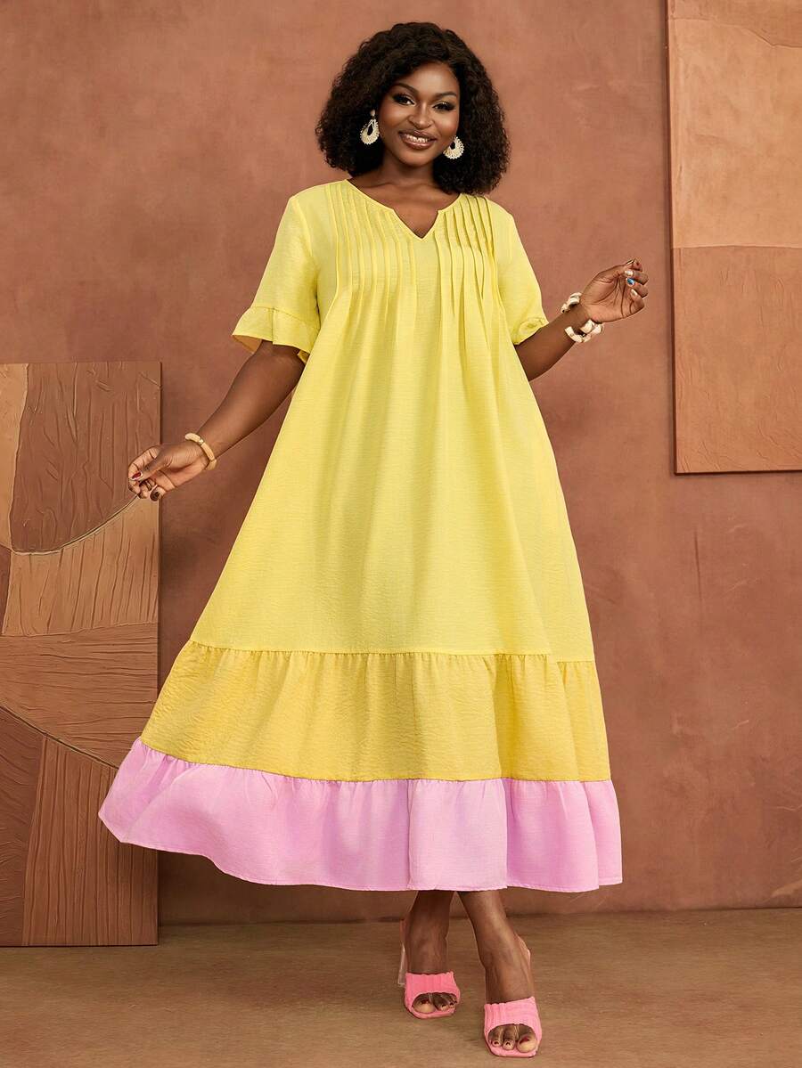 BrightlyHer Plus Size Women's Summer/Autumn Casual Vacation Ruffle Yellow Patchwork Colorblock Dress,Going Out Outfits, Beach,Flowy Dress, Fall Clothes,Boho - Multicolor - View 1