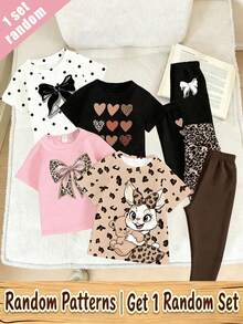 (Random Pattern, 1 Set Random) Baby Girl Glitter Leopard Print Heart Bow Rabbit Cartoon Pattern Basic Short T-Shirt And Leggings Set - Multicolor - View 3
