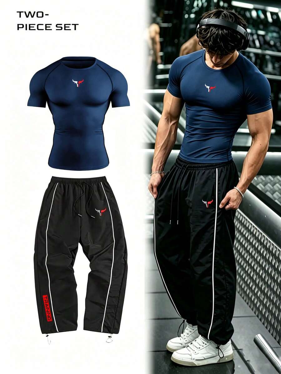 Gym Rark 男士極簡主義牛角圖案印花圓領T恤與抽繩腰口袋長褲運動套裝,健身房 - 寶藍色 - 查看 1