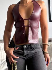 leahseptember Red Wine-Colored Jacket Women's Fashionable Street Style Deep V-Neck Backless Rivet Decorated Top, Summer Fashion Clothing Street Chic Y2K Rave Casual - Burgundy - View 5