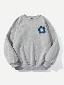 SHEIN EZwear 休閒極簡印花圓領長袖寬鬆女款運動衫，復古優雅通勤百搭保暖扶桑花印花運動衫，沙灘裝，度假裝，夏季 - 淺灰色 - 查看 4